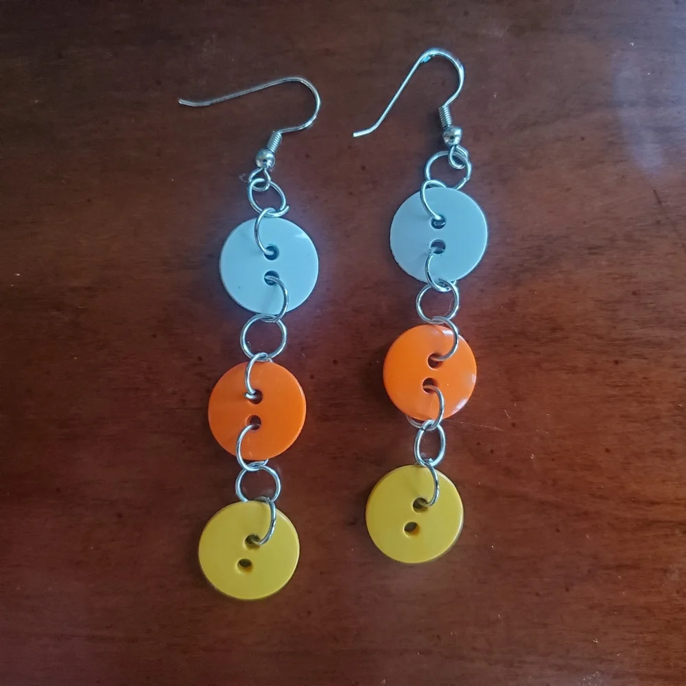 white yellow orange candycorn halloween handmade button dangle earrings